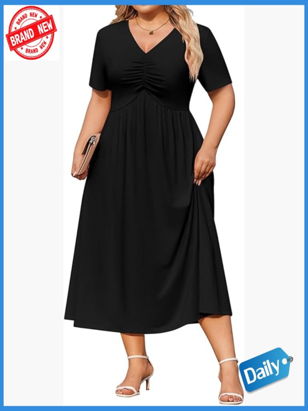 Plus Size Short Sleeve Midi Dress V-Neck Ruched A-Line with Pockets
